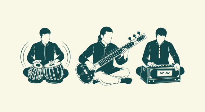 Indian Classical Musicians Playing Sitar Tabla and Harmonium Traditional Music Vector Illustration