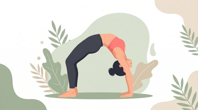 Woman in yoga wheel pose healthy lifestyle balance flexibility with backbend flexibility wellness exercise activity movement strength silhouette illustration meditation mindfulness practice