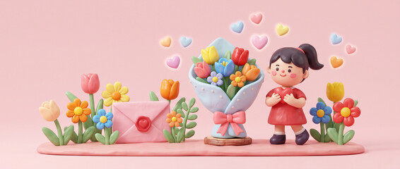 Fototapeta premium Claymation girl with bouquet of flowers and love hearts claymation background adorable character sculpture modeling handmade decoration celebration arrangement colorful innocent envelope