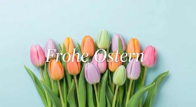 A vibrant bouquet of colorful tulips arranged against a pastel blue background with the german phrase 'frohe ostern'