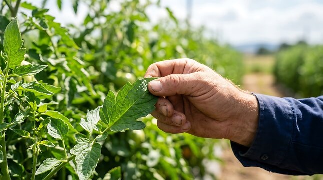 Farmer's experienced hand carefully inspects a healthy green leaf on a flourishing crop, showcasing meticulous plant care and quality control in sustainable agriculture