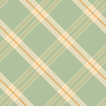 Seamless plaid textile pattern with diagonal stripes and check grid in soft green, beige, and orange tones, suitable for fabric, wallpaper, wrapping, and interior surface design. Vector illustration.