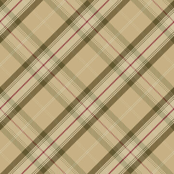 Seamless diagonal plaid fabric pattern in beige, green, and deep red tones with classic tartan lines and geometric texture. Ideal for fashion textiles, vintage backgrounds. Vector illustration.
