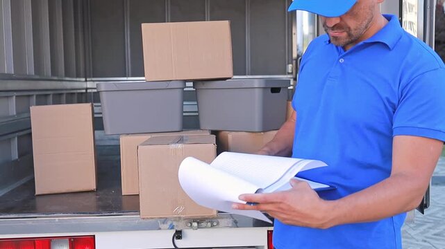 Close-up of a courier checking documentation on goods in boxes against the background of a cargo van. Delivery and transportation of goods, courier service