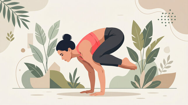 Woman in crow pose on yoga mat with foliage exercise lifestyle meditation wellness mindfulness flexibility strength training practice activity outdoors background illustration