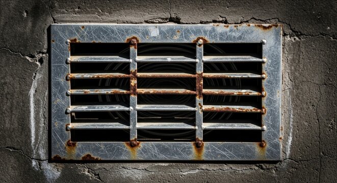 Rusty Metal Ventilation Grate on Concrete Wall