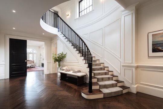 Elegant grand entryway with curved staircase, dark wood floor, white walls, and bright light