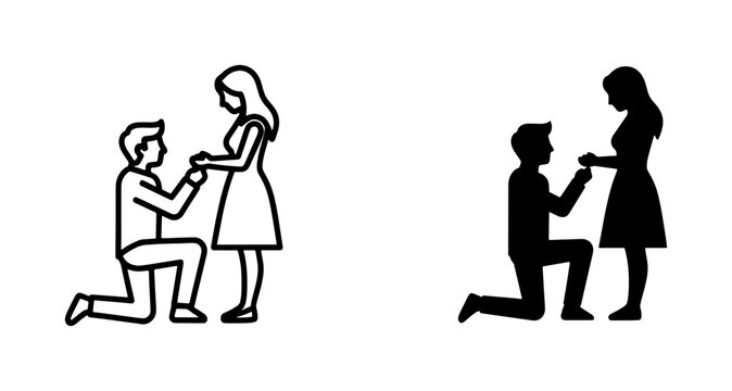 Man kneeling to propose marriage with ring icon set
