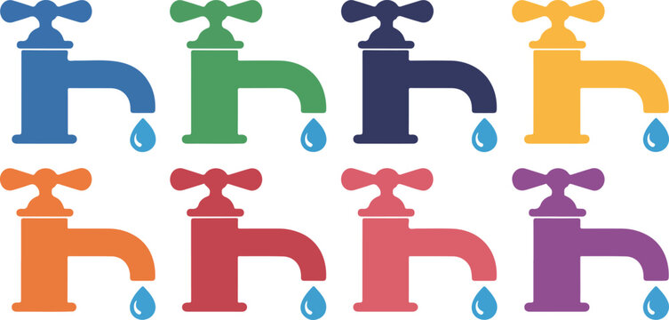 Meat products and water faucet vector illustration set featuring beef steak chicken ham and colorful dripping taps for butchery and plumbing design