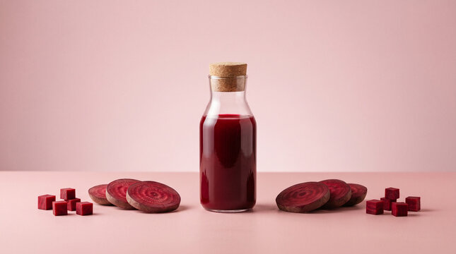 Small glass bottle with healthy red beet juice surrounded by fresh raw beet slices and cubes on a pink background showcasing natural ingredients for a healthy lifestyle plant based still life