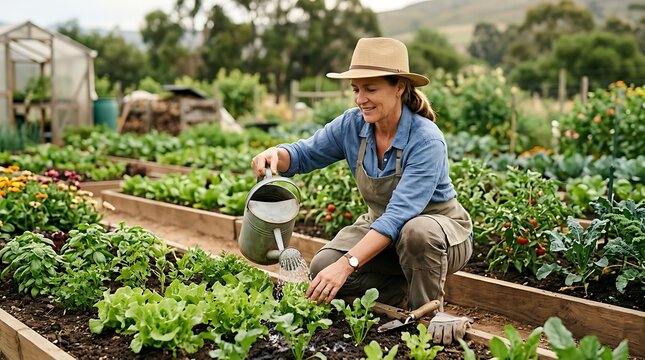 Happy woman waters fresh vegetables in her sunlit organic garden, embodying a sustainable lifestyle and the joy of cultivating homegrown produce