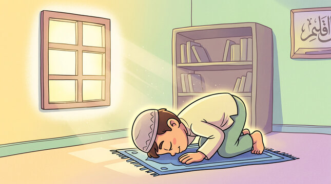 Cartoon illustration of a young muslim boy performing islamic prayer in sujood position on a prayer mat with religious education peaceful worship spiritual practice everyday life illustration