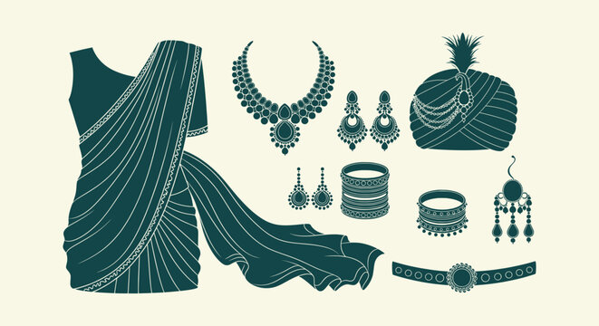 Traditional Indian Wedding Accessories Set with Saree Jewelry Turban and Bangles Vector Elements