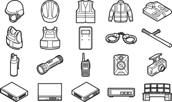 Collection of isometric, vector, line art icons of security and safety equipment.