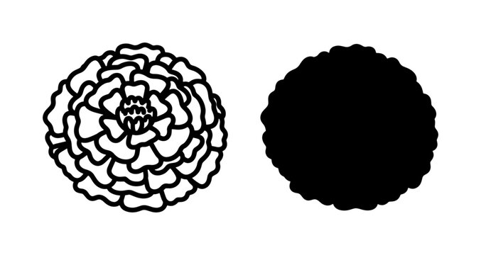 Marigold flower outline and solid black silhouette icon set