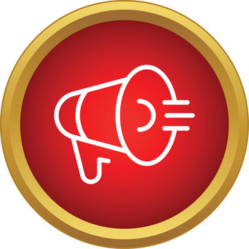 Megaphone symbol displaying announcement or marketing message inside a red circle with gold frame