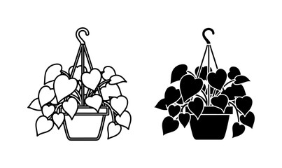 Hanging Potted Ivy Plant Silhouette and Outline Vector © Jubayer