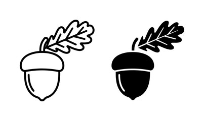 Oak Acorn Nut with Leaf Outline and Silhouette Icons © Jubayer