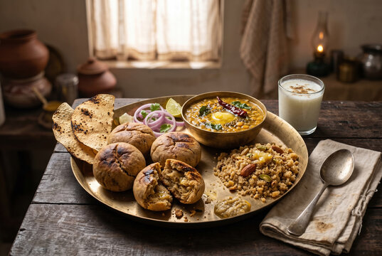 Dal bati churma platter with lentil curry and traditional accompaniments