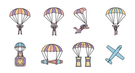 Collection of Skydivers and Parachutes in Various Stages of Descent and an Airplane. © Setiaji