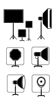 Studio Lighting Equipment Icons: Softbox, Octabox, Strobe, Flash, Reflector