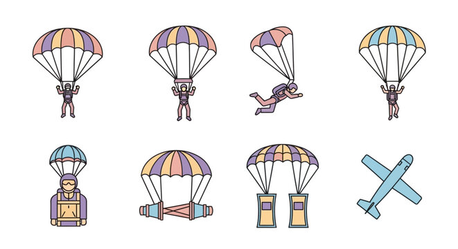 Collection of Skydivers and Parachutes in Various Stages of Descent and an Airplane.