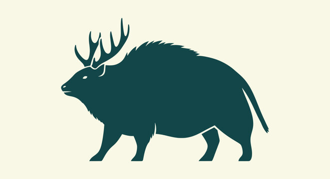 Dark Teal Silhouette of a Prehistoric Antlered Beast Mythical Creature Illustration Vector Graphic