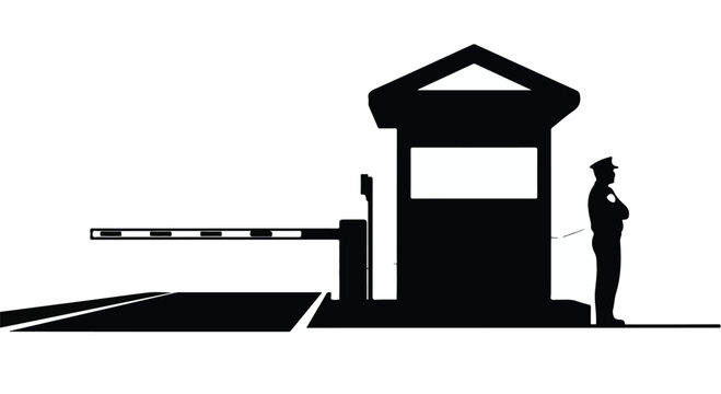 Security guard standing at gated entrance booth with barrier arm in silhouette, modern security checkpoint with uniformed guard, access control point