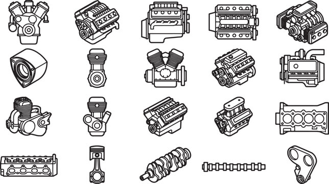 An array of intricate engine parts, captured in precise monochrome detail, set against a pristine, uncluttered background.