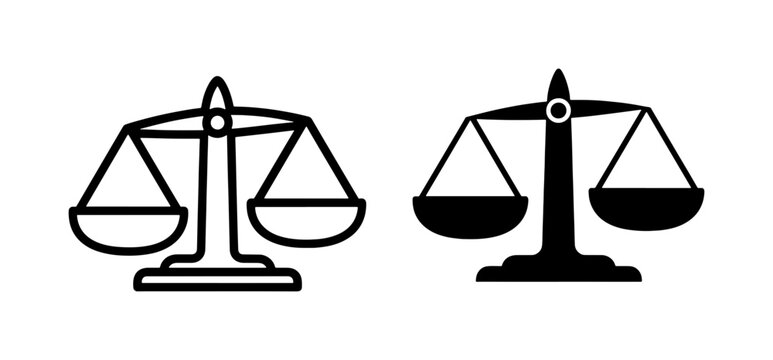 Justice Scales Icon Set in Black Outline and Solid Style