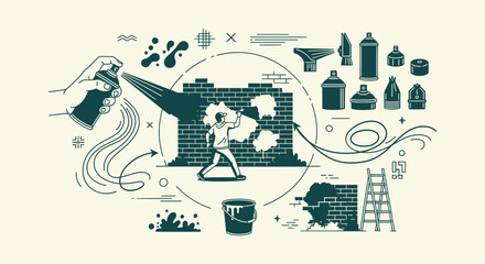 Creative Street Art Graffiti Vector Illustration Featuring Urban Mural Painter and Spray Can Tools © Bilkis Islam