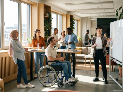 Diverse group of inclusive coworkers with happy and collaborative mood conducting a creative presentation and brainstorming session representing workplace diversity on bright modern office background 