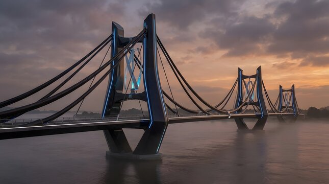 A futuristic, sleek cable-stayed bridge with integrated vertical axis wind turbines glows vividly, showcasing innovative design.