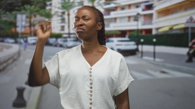Young woman touching forehead with hand and squinting, puzzled expression near parked car on urban street crosswalk; confusion uncertainty.