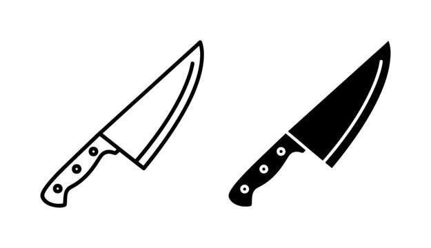 Chef Knife Outline and Solid Black Silhouette Icon Set