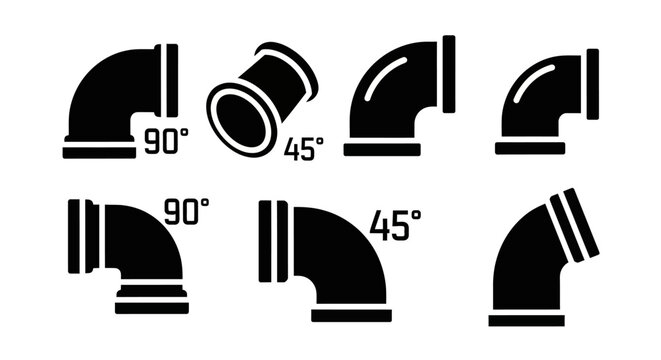 Plumbing pipe fittings elbows 45 and 90 degrees, black icons