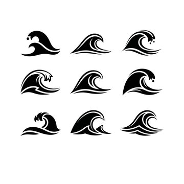 Set of 9 Black Wave Icons, Stylized Ocean Swells, Vector Graphics