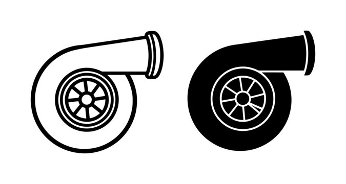 Turbocharger vector icons set, automotive turbo engine parts in outline and silhouette styles, car performance tuning and racing equipment graphics