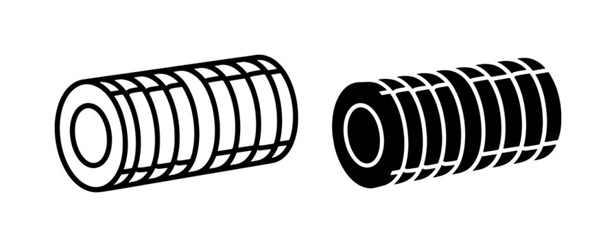 Industrial threaded grub screw vector icons, black and white set screw hardware, mechanical fastener bolt illustration for engineering blueprints