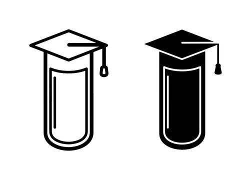 Academic science laboratory icons, graduation cap on chemistry test tube, educational research and university degree symbols, black vector set