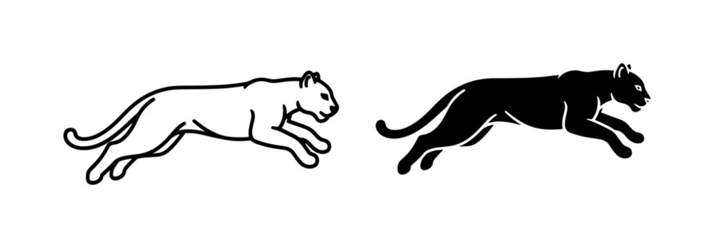 Running Cougar Silhouette and Outline Vector Set