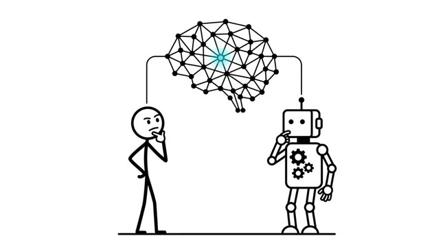 Man and robot connected to a circuit board brain, depicting artificial intelligence and human thought integration on an isolated white background.