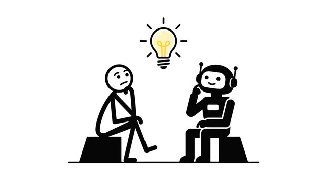 Man and robot sitting together, with a lightbulb idea above the man's head, representing human innovation and AI collaboration on an isolated white background.