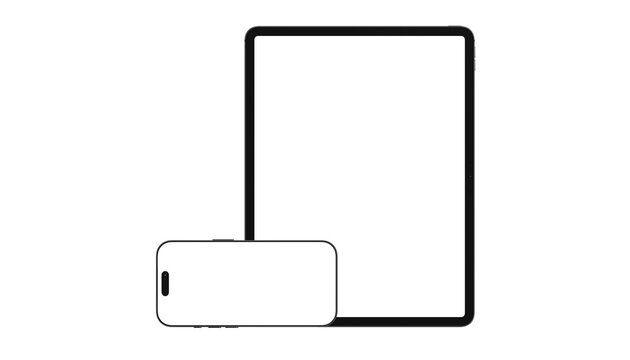 Front view device mockups, vertical tablet and horizontal smartphone with transparent screens, isolated responsive UI presentation.
