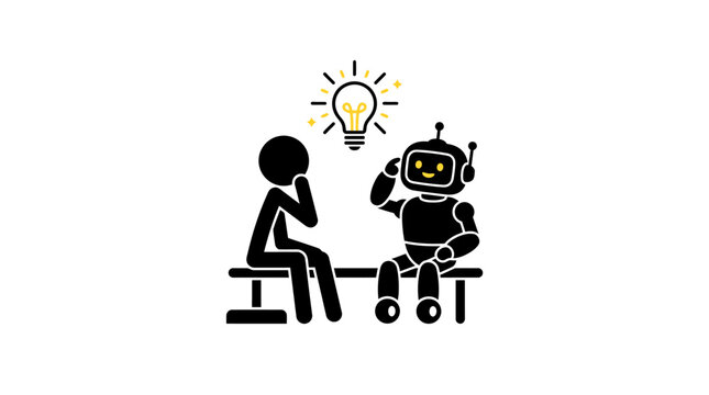 Robot and man sitting together, with a lightbulb idea above the robot's head, representing innovation and collaboration on an isolated white background.
