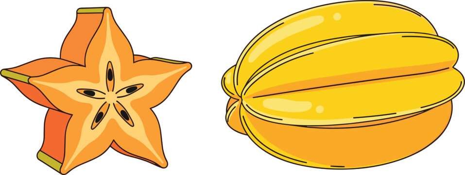 Starfruit carambola vector illustration with sliced cross section and whole fruit tropical exotic food isolated on white background design set