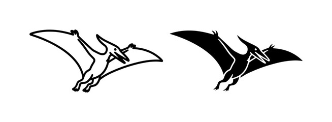 Flying Pterodactyl Dinosaur Silhouette and Outline Vector Set © Arafat