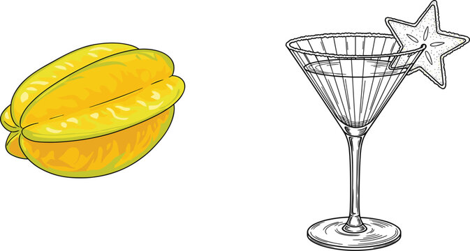Carambola starfruit and cocktail glass vector illustration with colorful tropical fruit and hand drawn outline drink design isolated set