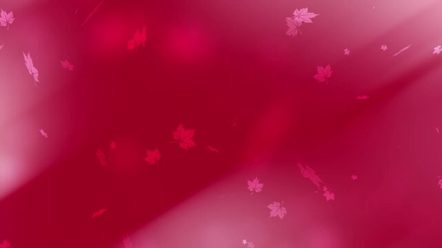 Autumn themed background with leaves falling on a blurred red backdrop. Suitable for nature designs, autumn concepts, seasonal promos.