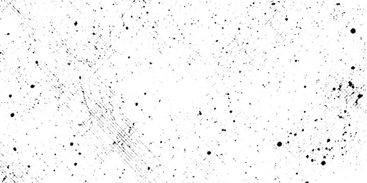Minimalist grunge background with black ink splatters, scattered specks, dots, grain and subtle scratch marks on a clean white surface, abstract edgy style.